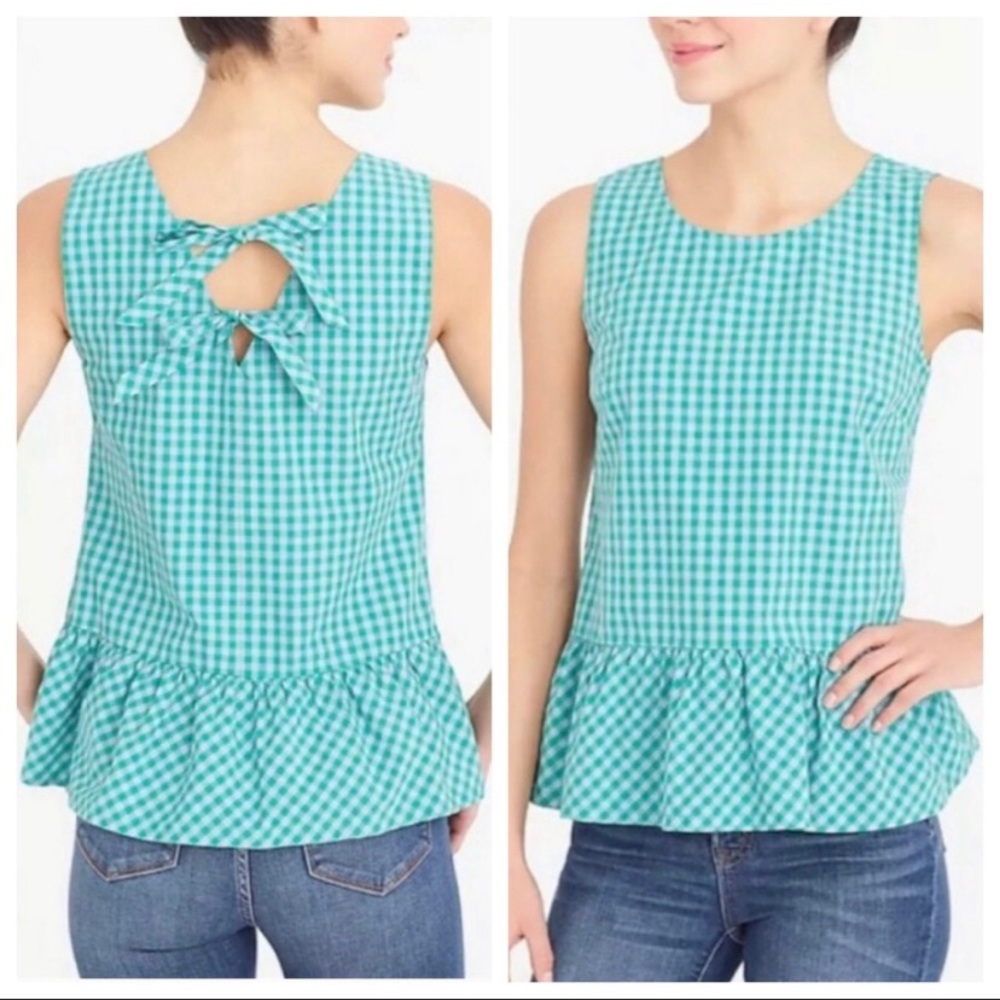 NEW J. Crew Gingham Peplum Tie Back Blouse Sz M